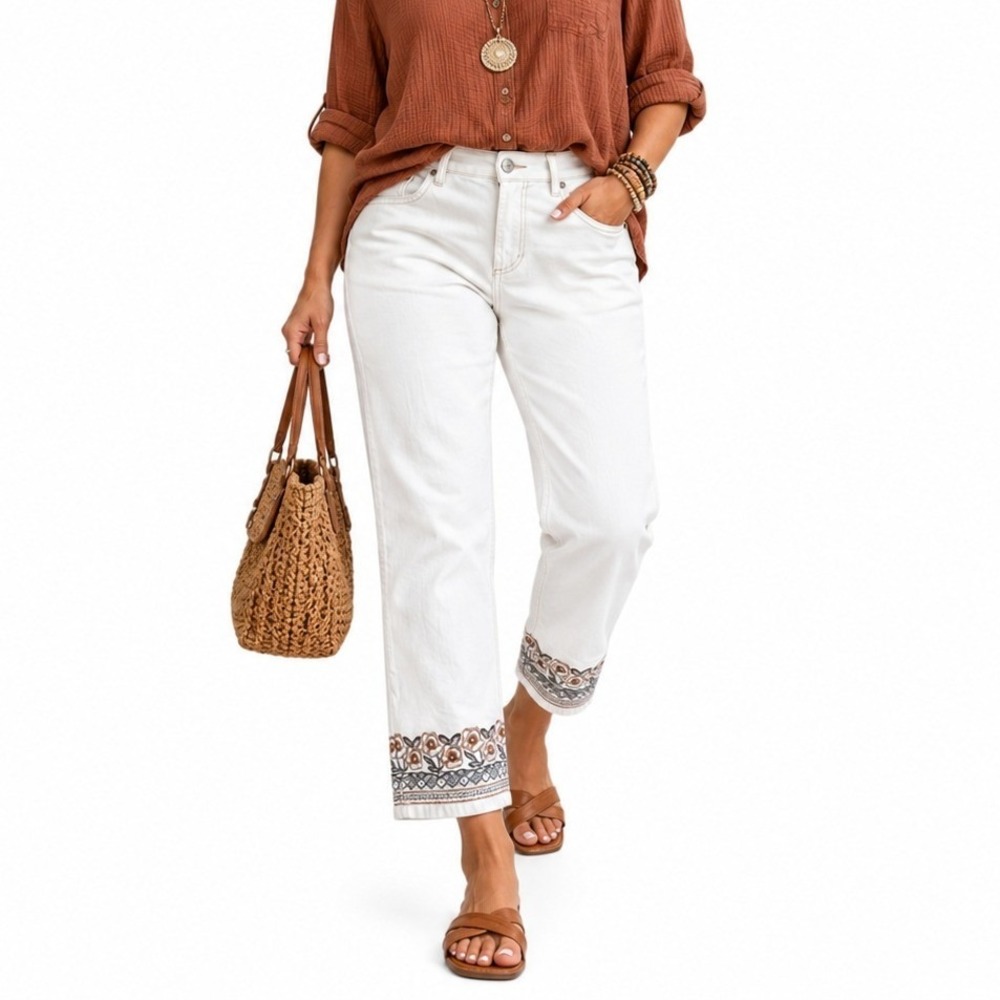 Cato Curvy Legging Ankle Crop Jeans Women 24WP White Embroidered Floral Stretch